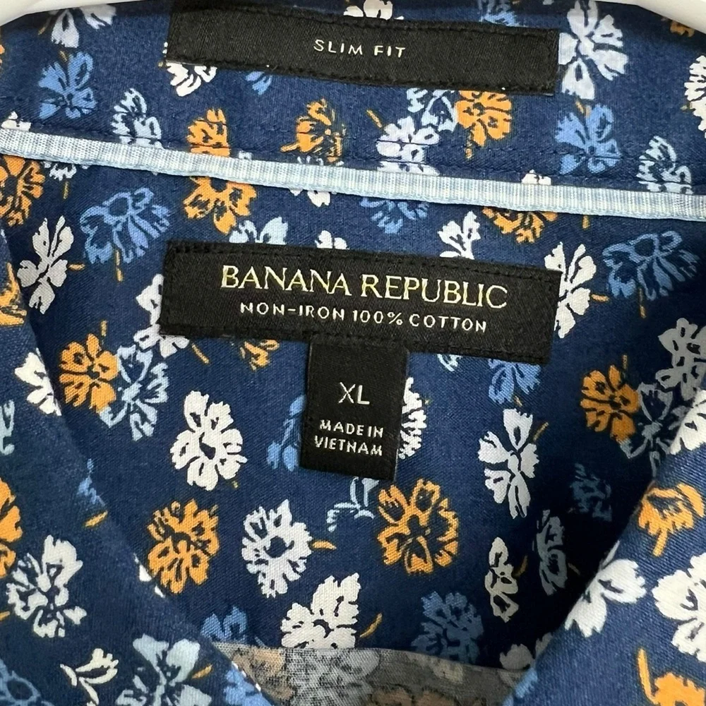 Banana Republic Blue Orange Floral Long Sleeve Dress Shirt Non-Iron Slim Size XL